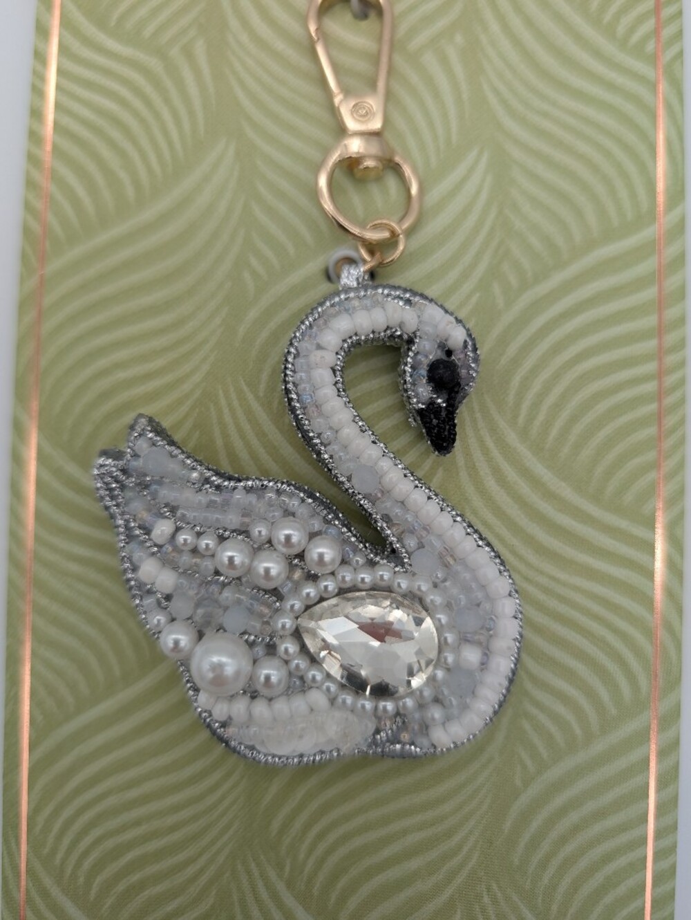 Swan Bag Charm Key Chain Double Sided White Beaded Rush by Denis & Charles